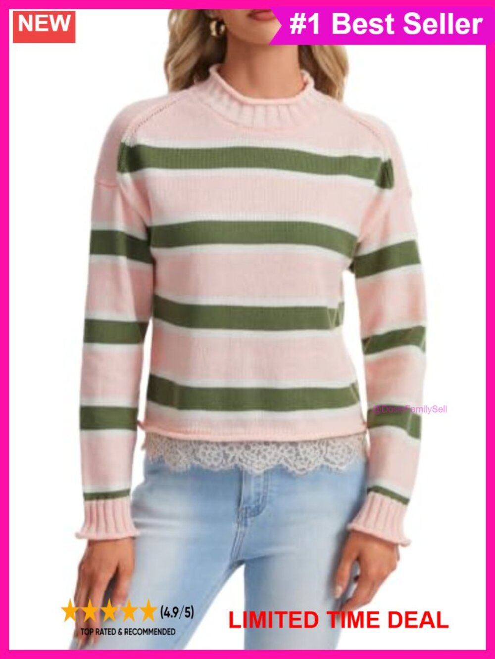 Long Sleeve Cropped Striped Knit Sweater Pullover Lace Hem Mock Neck